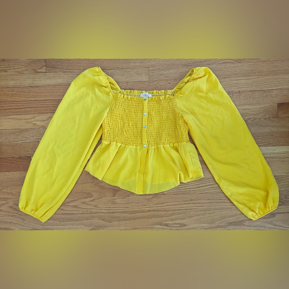 Vivace Blouse Women’s 2XL Yellow Crop Faux Buttons Ruched Long Sleeve Top Causal